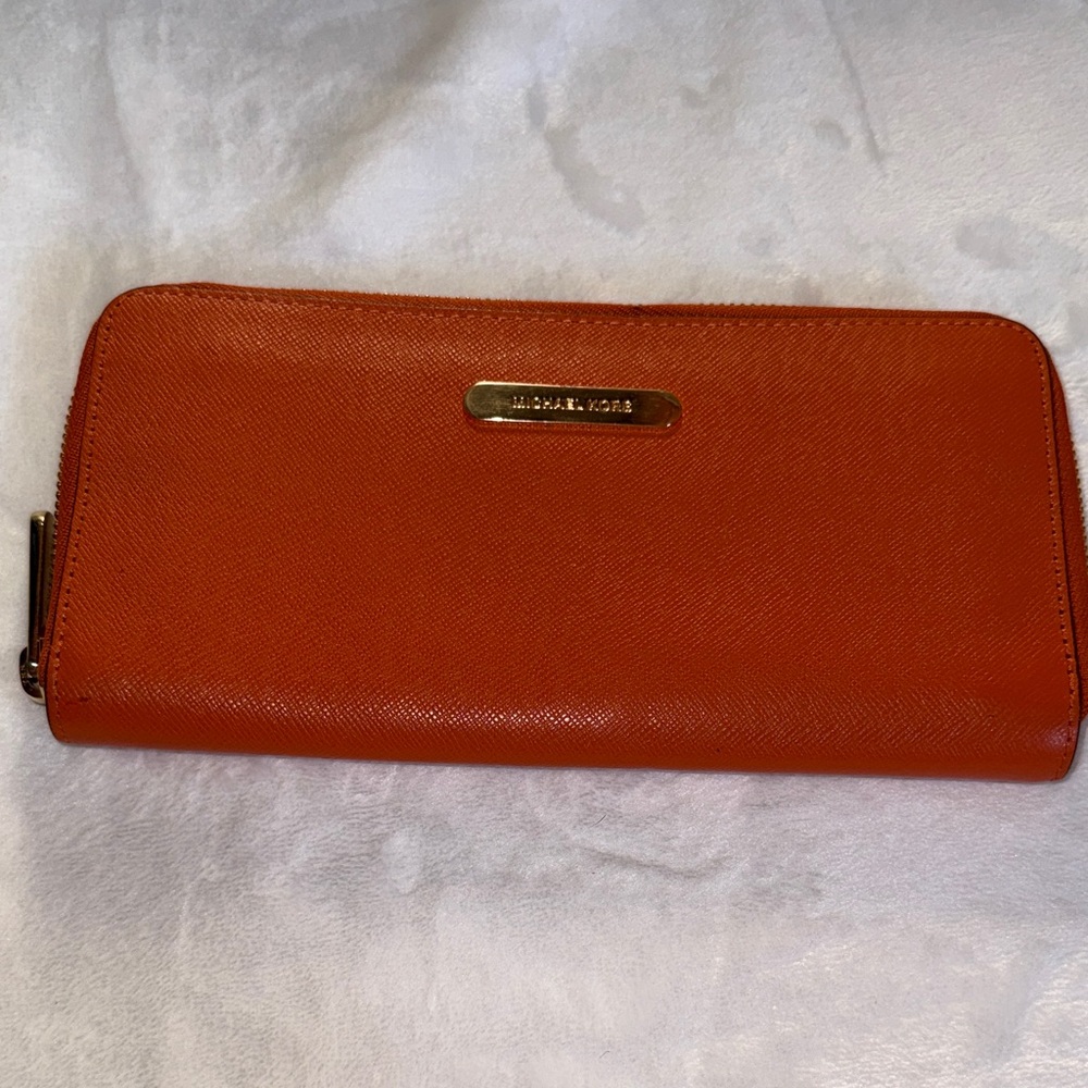 Michael Kors Saffiano Zip Wallet in Vibrant Orange with Gold Logo